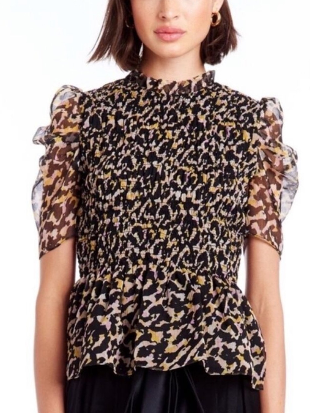 Amanda Uprichard Adriana Leopard Scrunch Sheer Sleeve Blouse